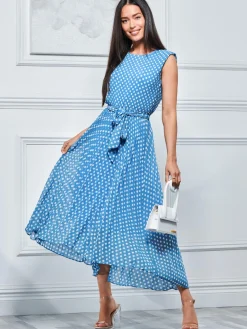 Pleated Chiffon High-Low Maxi Dress, Blue Polka