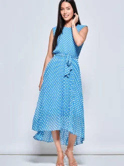 Pleated Chiffon High-Low Maxi Dress, Blue Polka