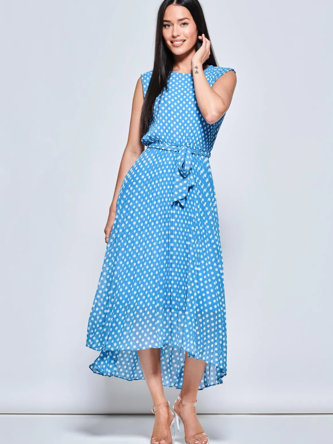 Pleated Chiffon High-Low Maxi Dress, Blue Polka