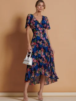 Pleated Chiffon High Low Maxi Dress, Navy Floral
