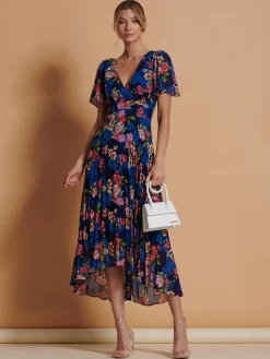 Pleated Chiffon High Low Maxi Dress, Navy Floral
