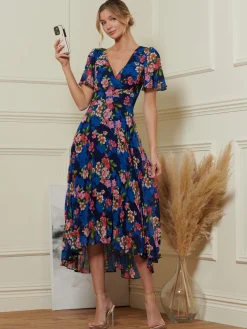 Pleated Chiffon High Low Maxi Dress, Navy Floral