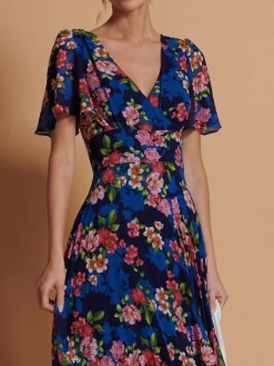 Pleated Chiffon High Low Maxi Dress, Navy Floral