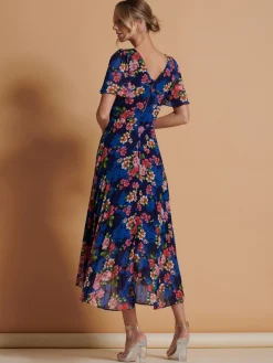 Pleated Chiffon High Low Maxi Dress, Navy Floral