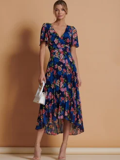 Pleated Chiffon High Low Maxi Dress, Navy Floral