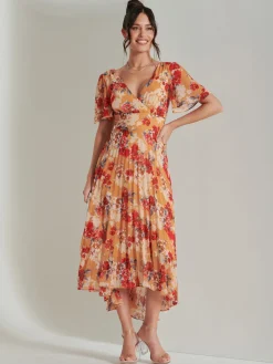 Pleated Chiffon High Low Maxi Dress, Red Floral