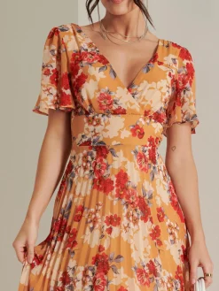 Pleated Chiffon High Low Maxi Dress, Red Floral