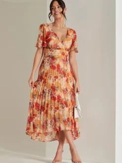 Pleated Chiffon High Low Maxi Dress, Red Floral