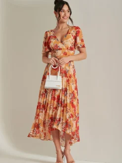 Pleated Chiffon High Low Maxi Dress, Red Floral
