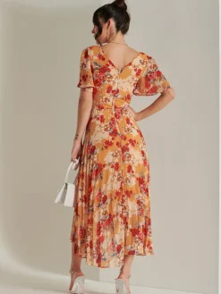 Pleated Chiffon High Low Maxi Dress, Red Floral