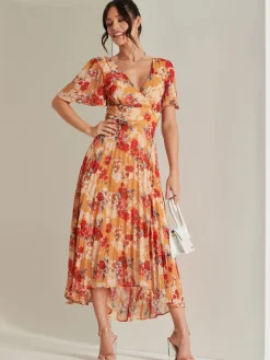 Pleated Chiffon High Low Maxi Dress, Red Floral