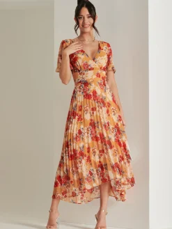 Pleated Chiffon High Low Maxi Dress, Red Floral