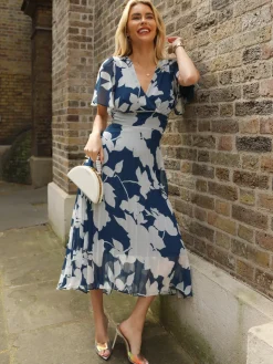 Pleated Chiffon Maxi Dress, Beige Floral
