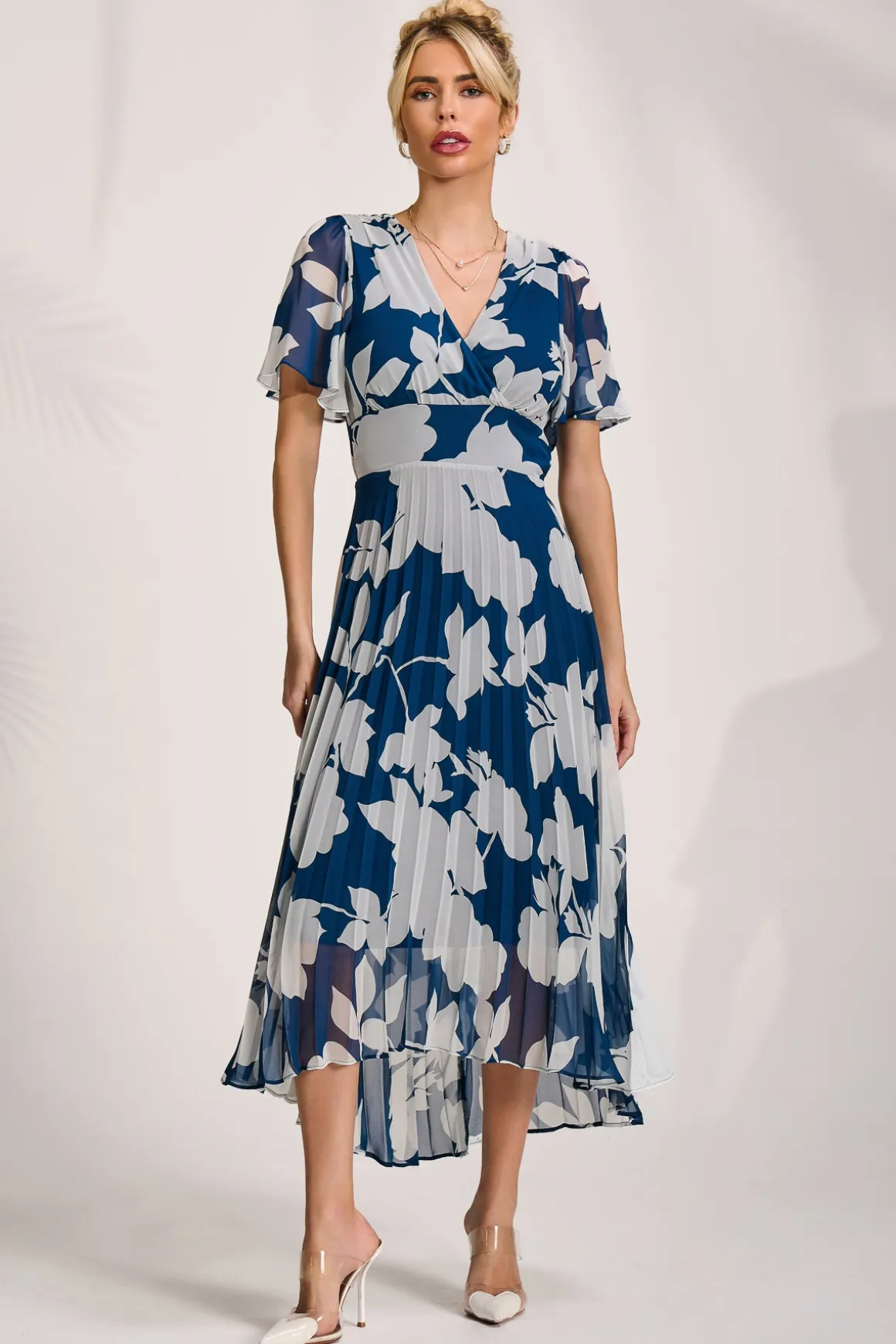 Pleated Chiffon Maxi Dress, Beige Floral