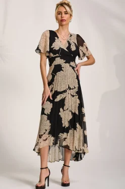 Pleated Chiffon Maxi Dress, Black Floral