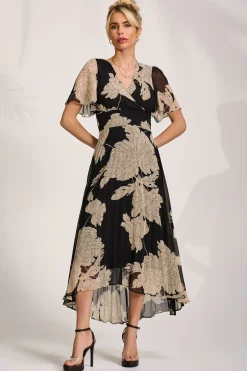 Pleated Chiffon Maxi Dress, Black Floral
