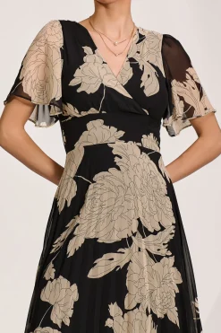 Pleated Chiffon Maxi Dress, Black Floral