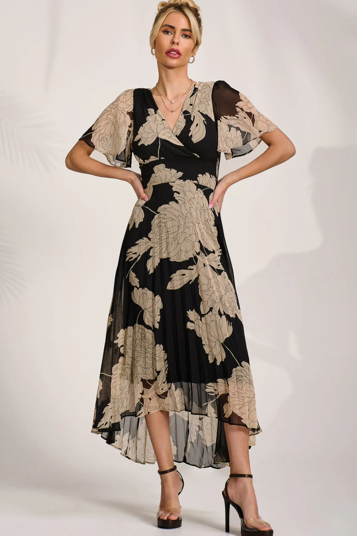 Pleated Chiffon Maxi Dress, Black Floral