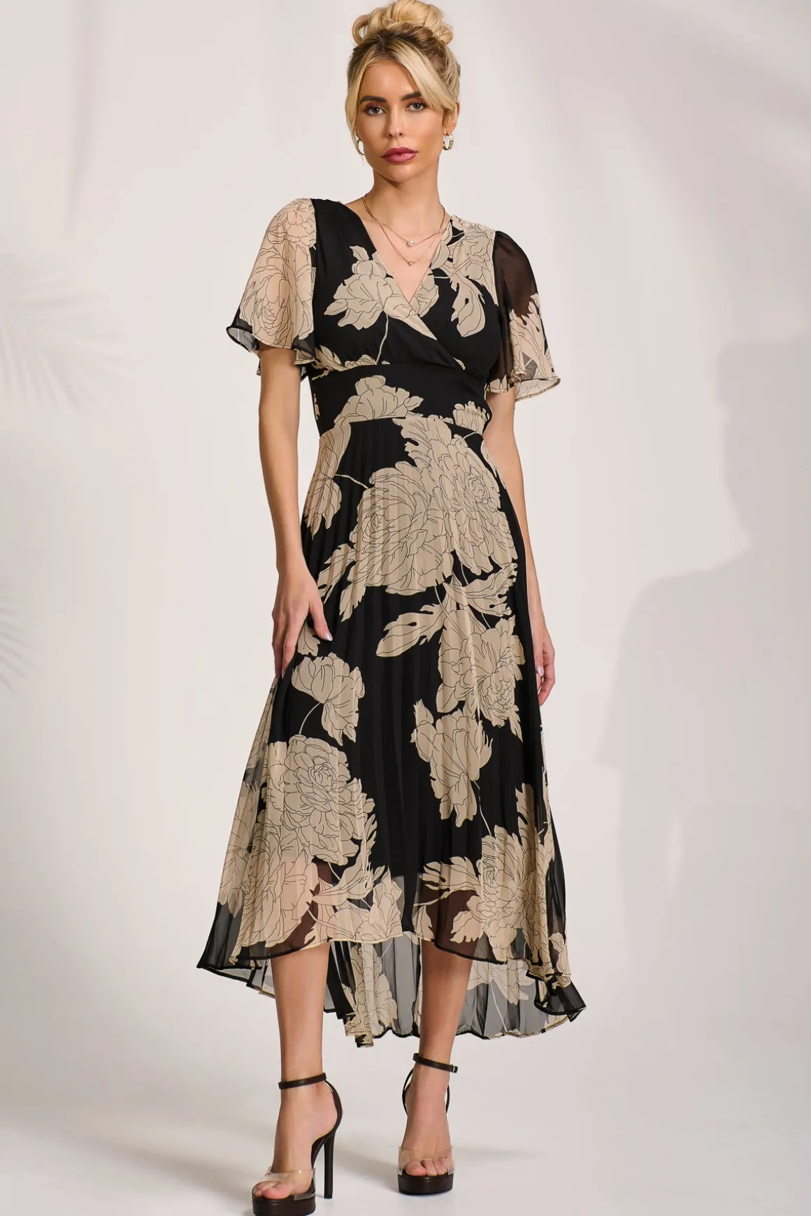Pleated Chiffon Maxi Dress, Black Floral