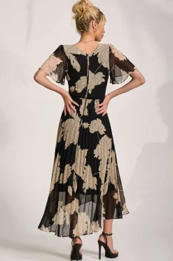 Pleated Chiffon Maxi Dress, Black Floral