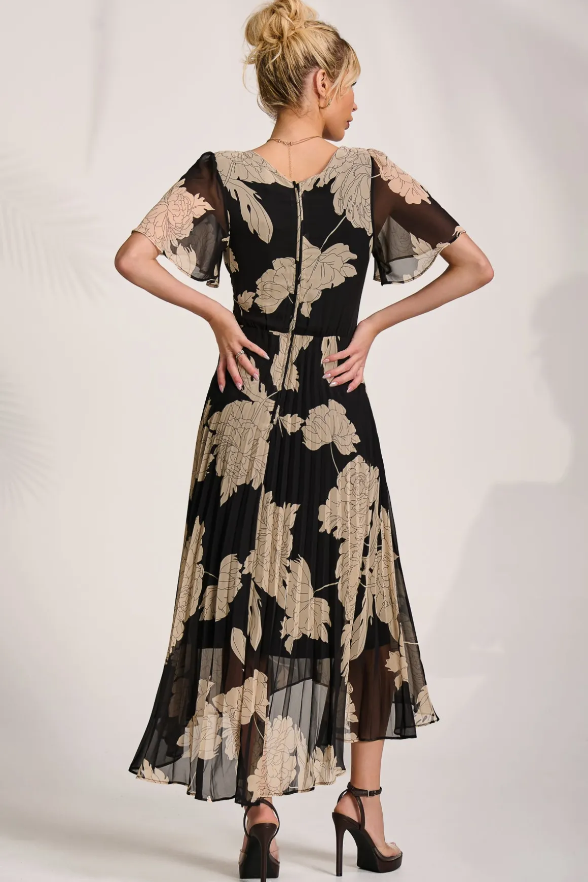 Pleated Chiffon Maxi Dress, Black Floral