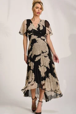 Pleated Chiffon Maxi Dress, Black Floral