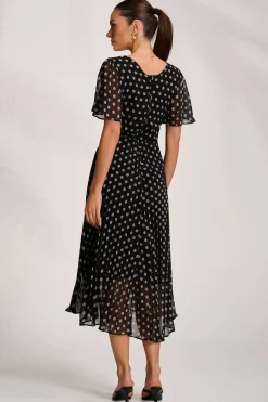 Pleated Chiffon Maxi Dress, Black Spot