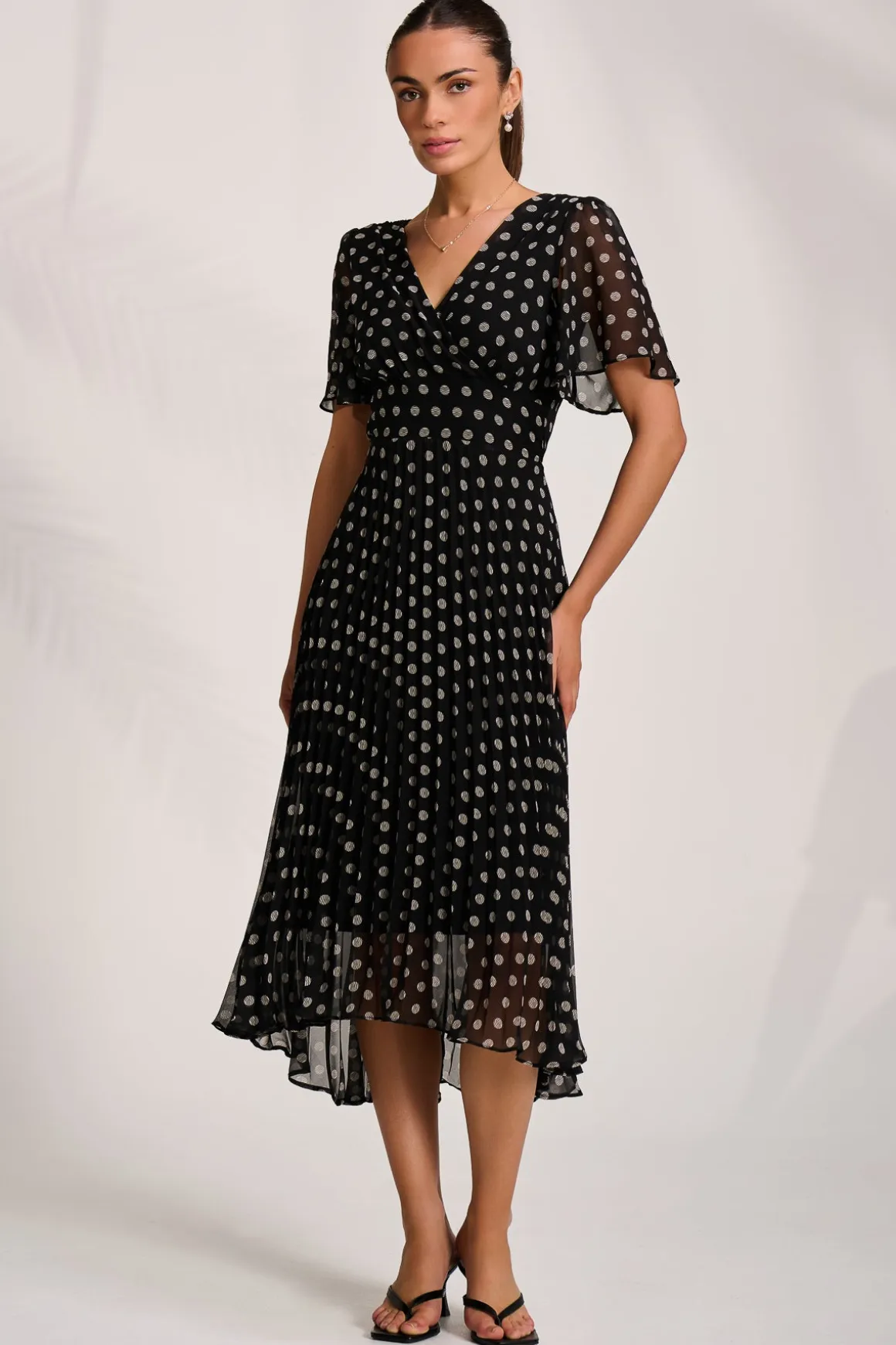 Pleated Chiffon Maxi Dress, Black Spot