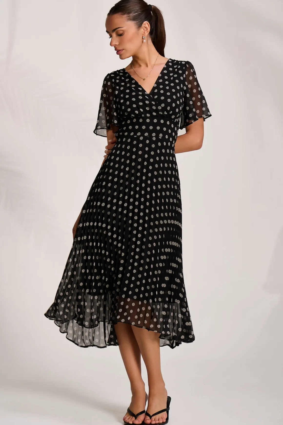 Pleated Chiffon Maxi Dress, Black Spot