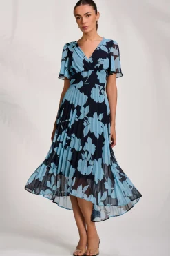 Pleated Chiffon Maxi Dress, Blue Floral
