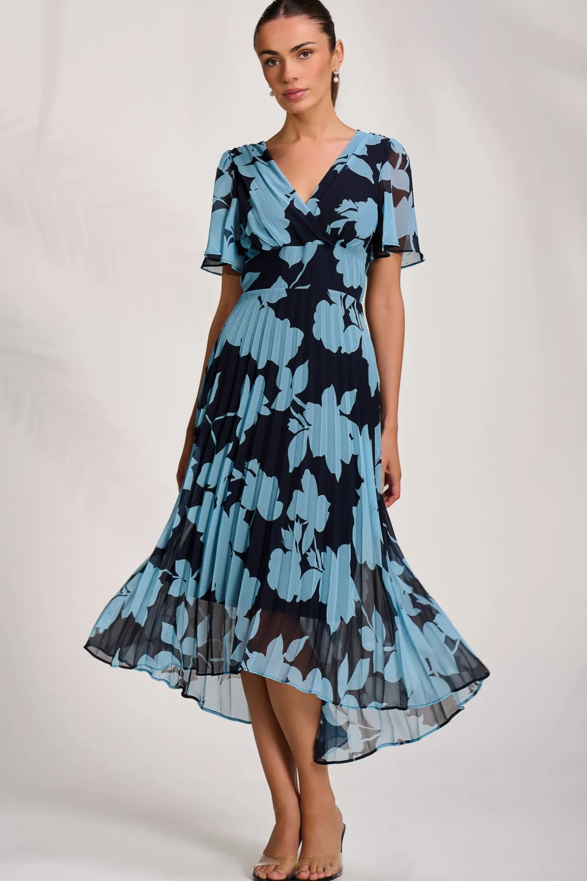 Pleated Chiffon Maxi Dress, Blue Floral