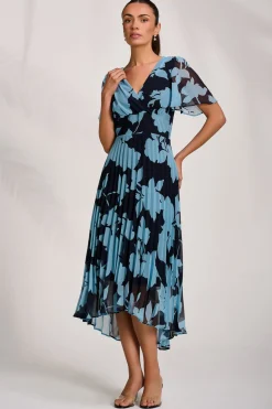 Pleated Chiffon Maxi Dress, Blue Floral