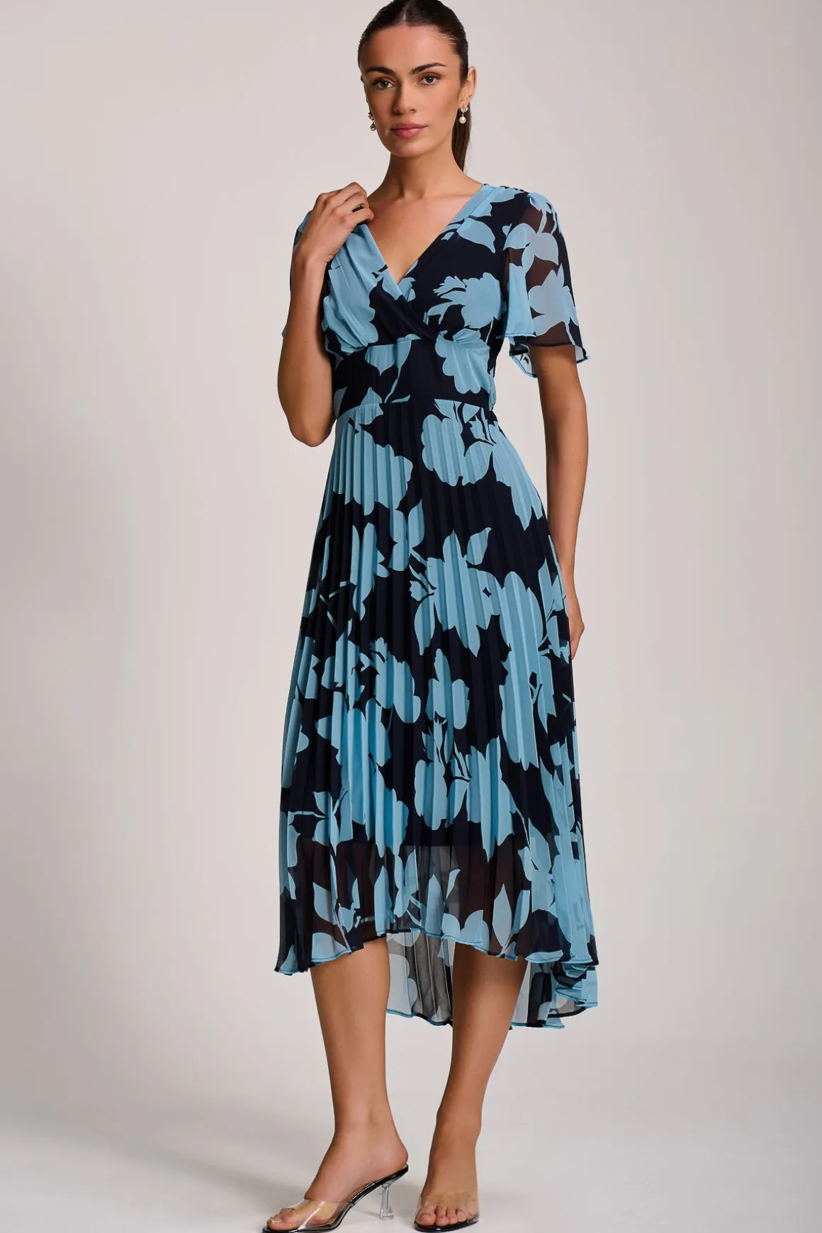 Pleated Chiffon Maxi Dress, Blue Floral