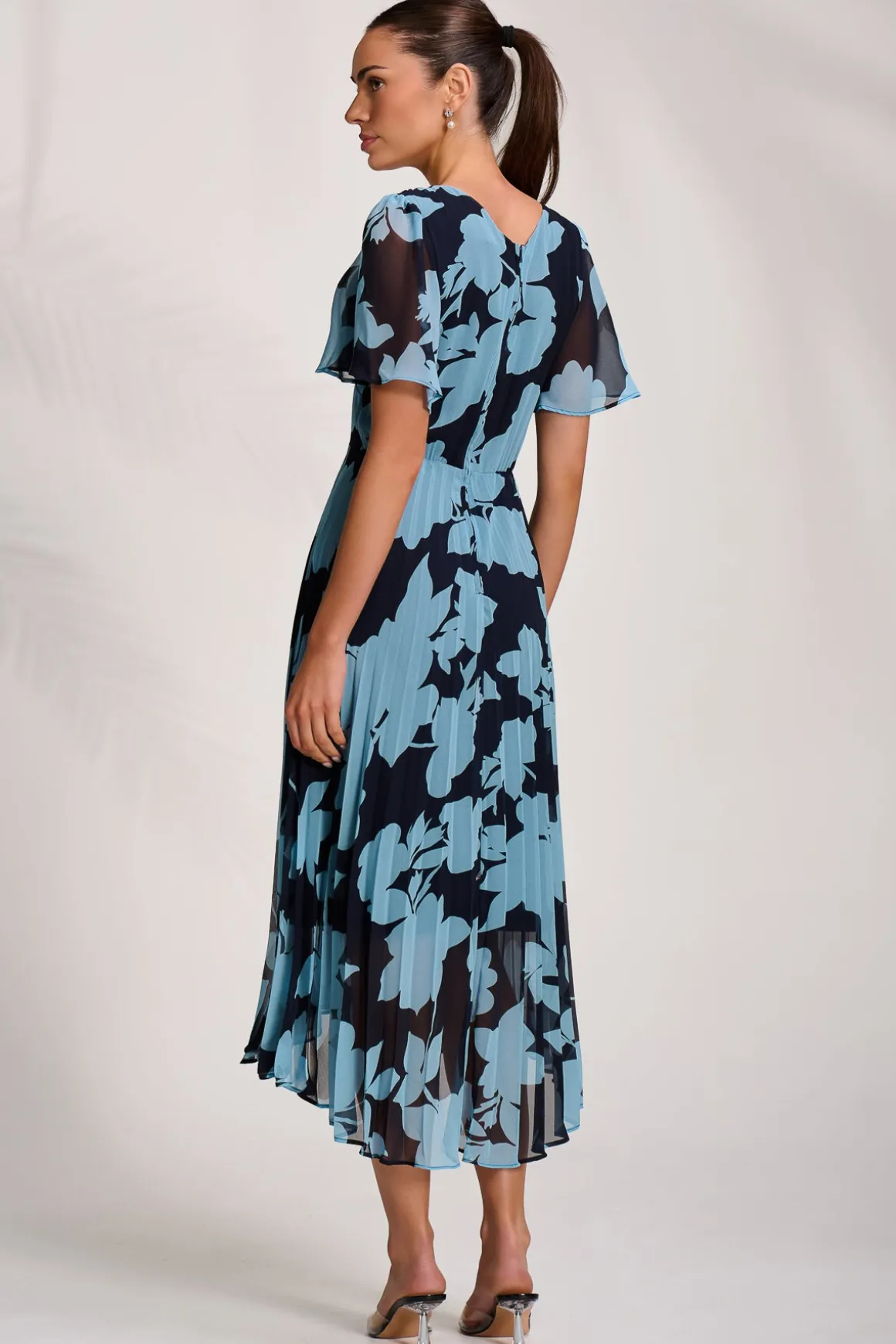 Pleated Chiffon Maxi Dress, Blue Floral