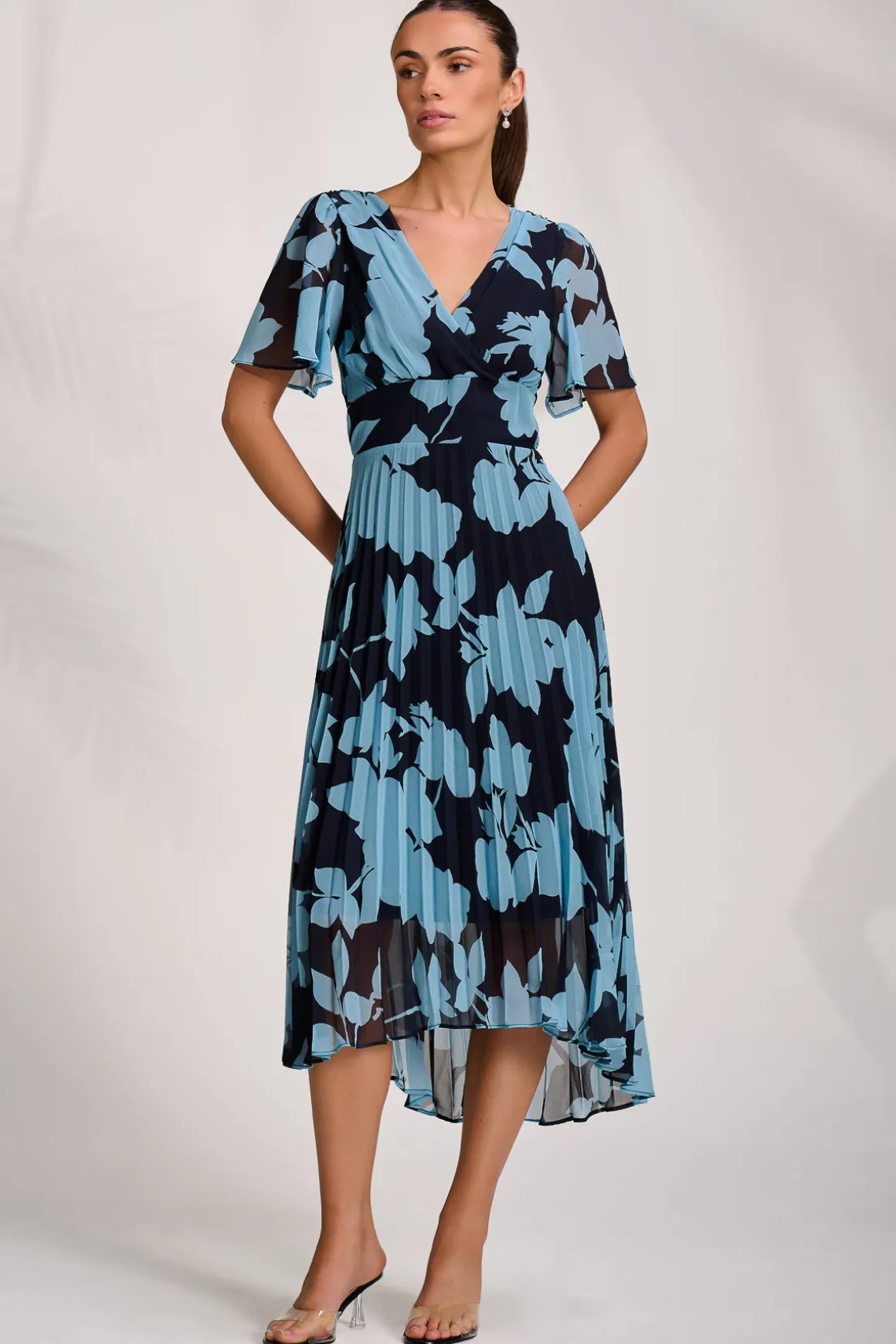 Pleated Chiffon Maxi Dress, Blue Floral