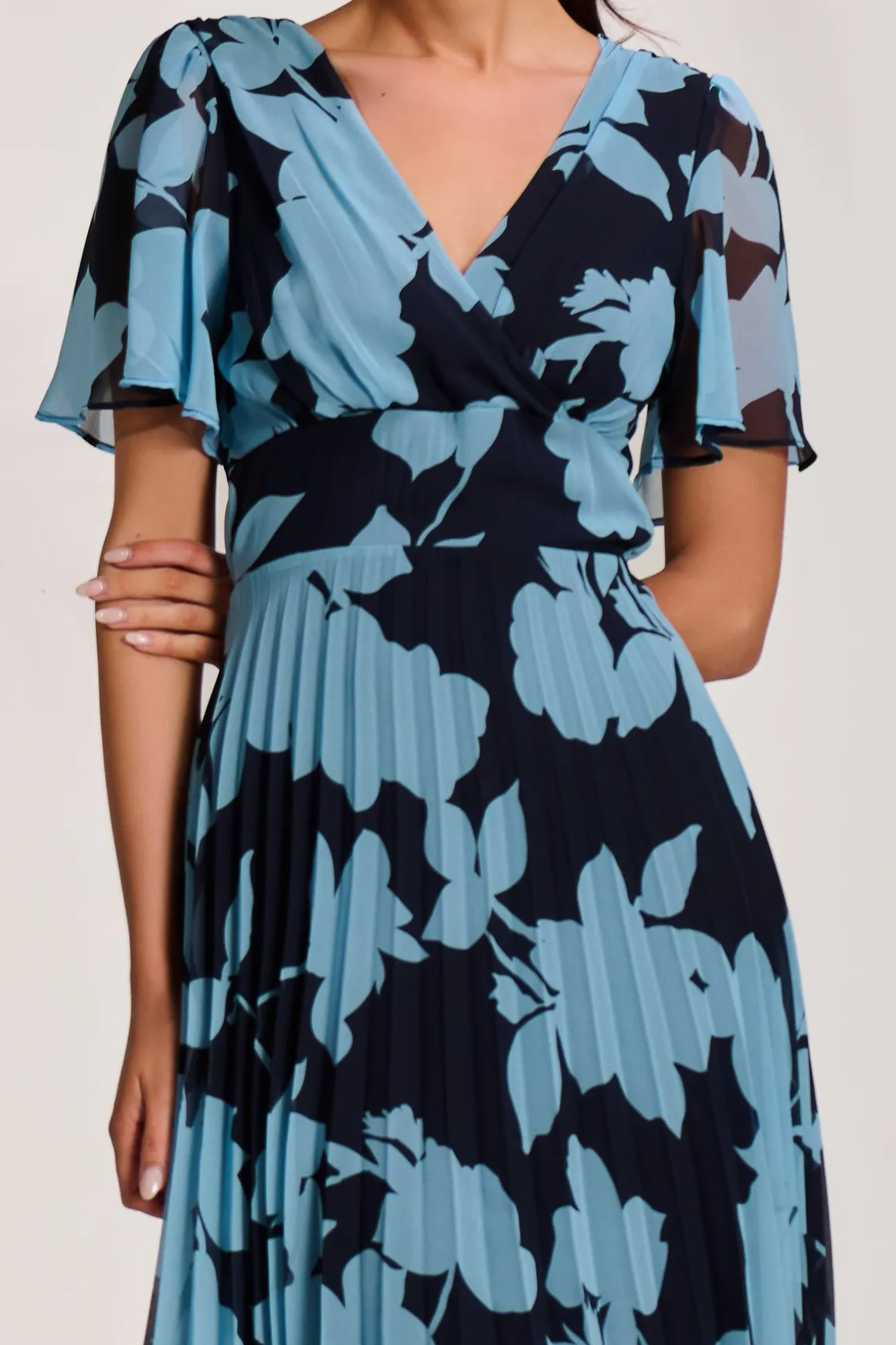 Pleated Chiffon Maxi Dress, Blue Floral