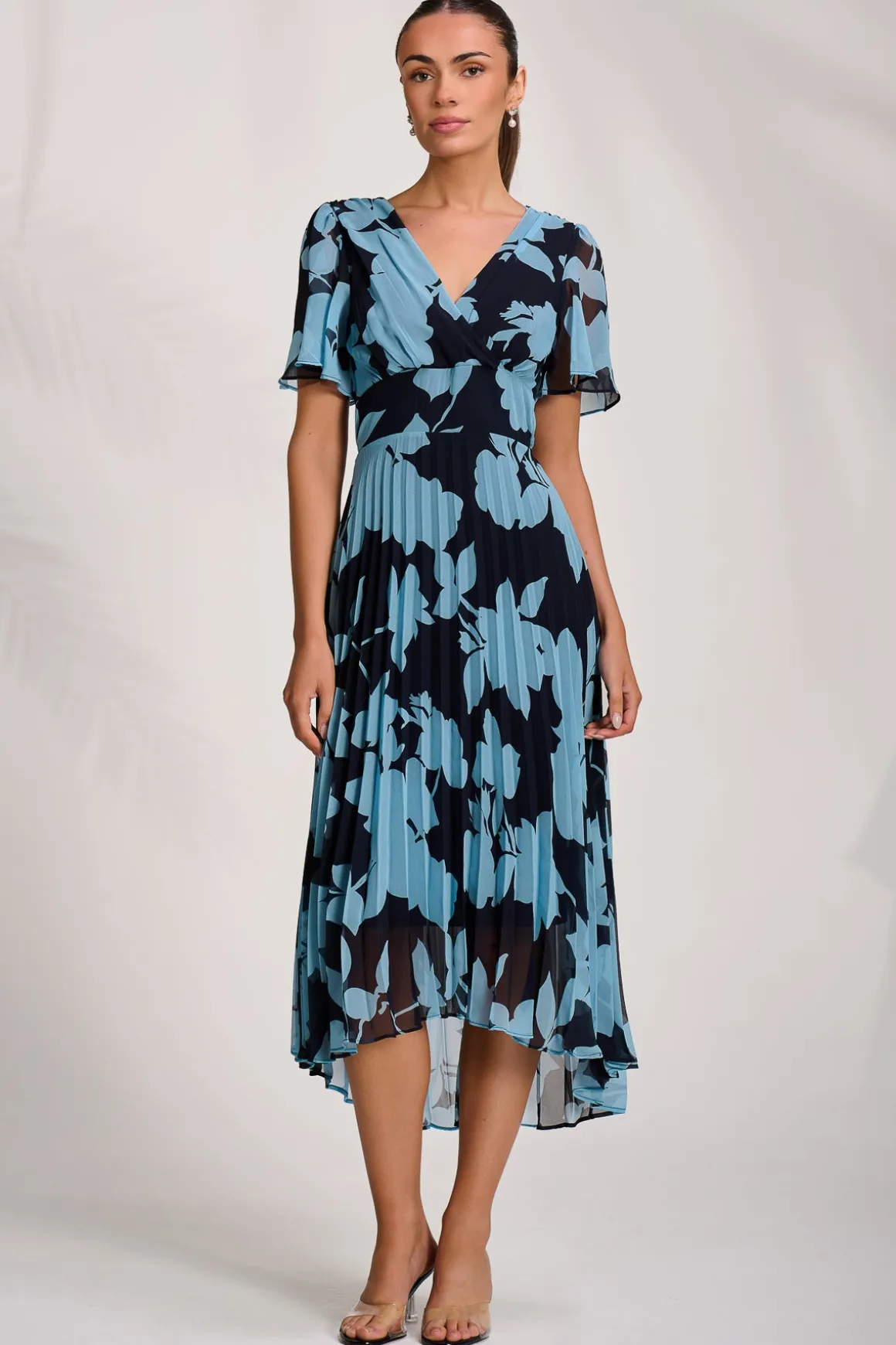 Pleated Chiffon Maxi Dress, Blue Floral