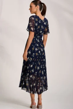 Pleated Chiffon Maxi Dress, Floral Multi