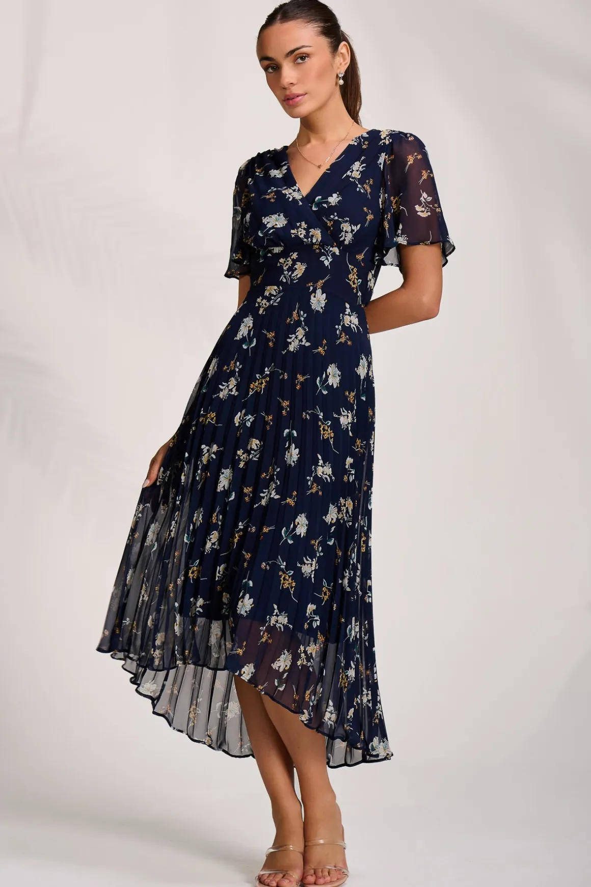Pleated Chiffon Maxi Dress, Floral Multi