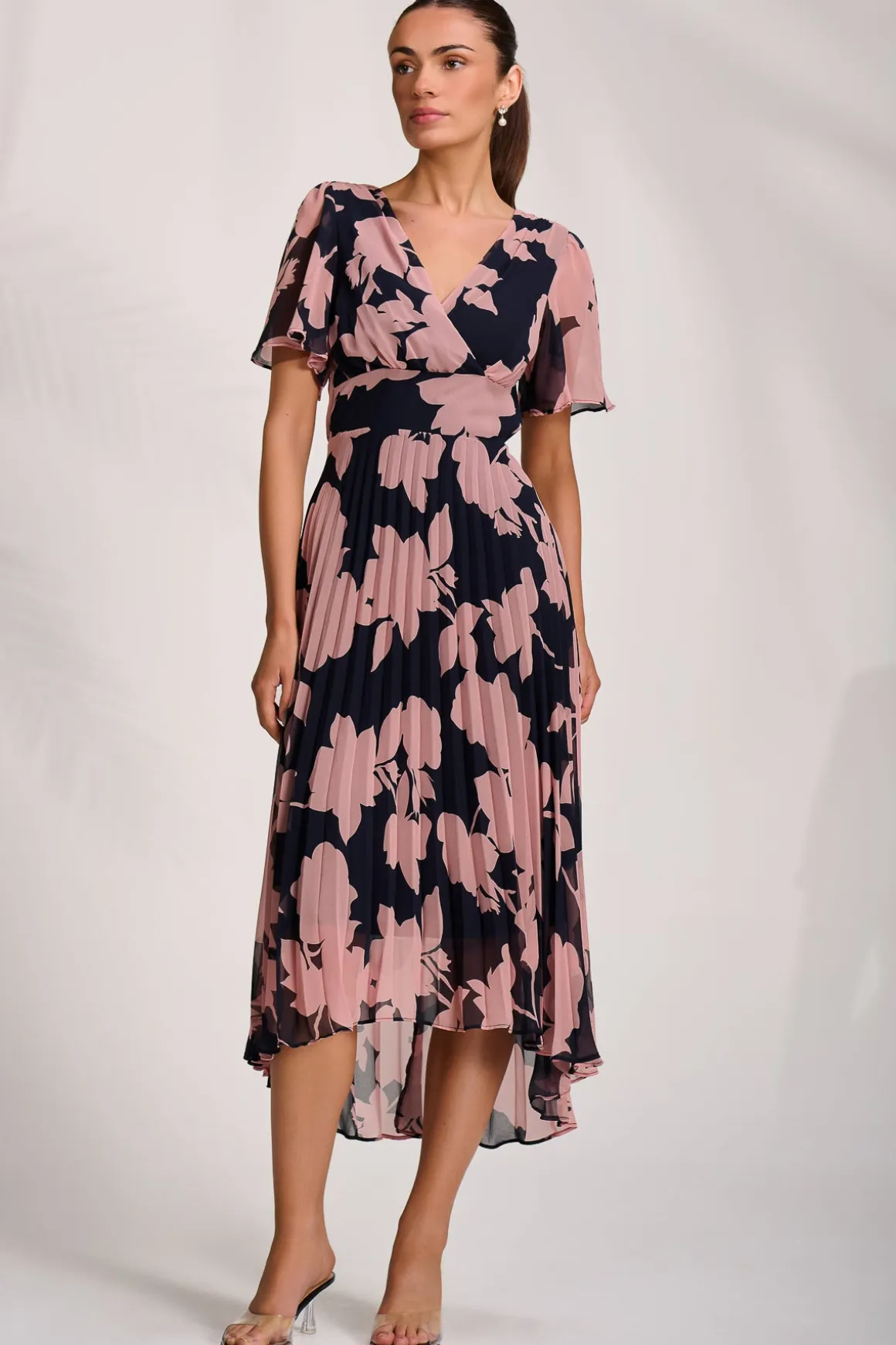 Pleated Chiffon Maxi Dress, Pink Floral