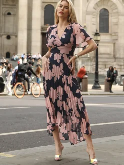 Pleated Chiffon Maxi Dress, Pink Floral