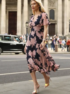 Pleated Chiffon Maxi Dress, Pink Floral