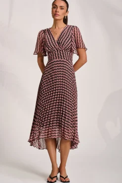 Pleated Chiffon Maxi Dress, Pink Geo