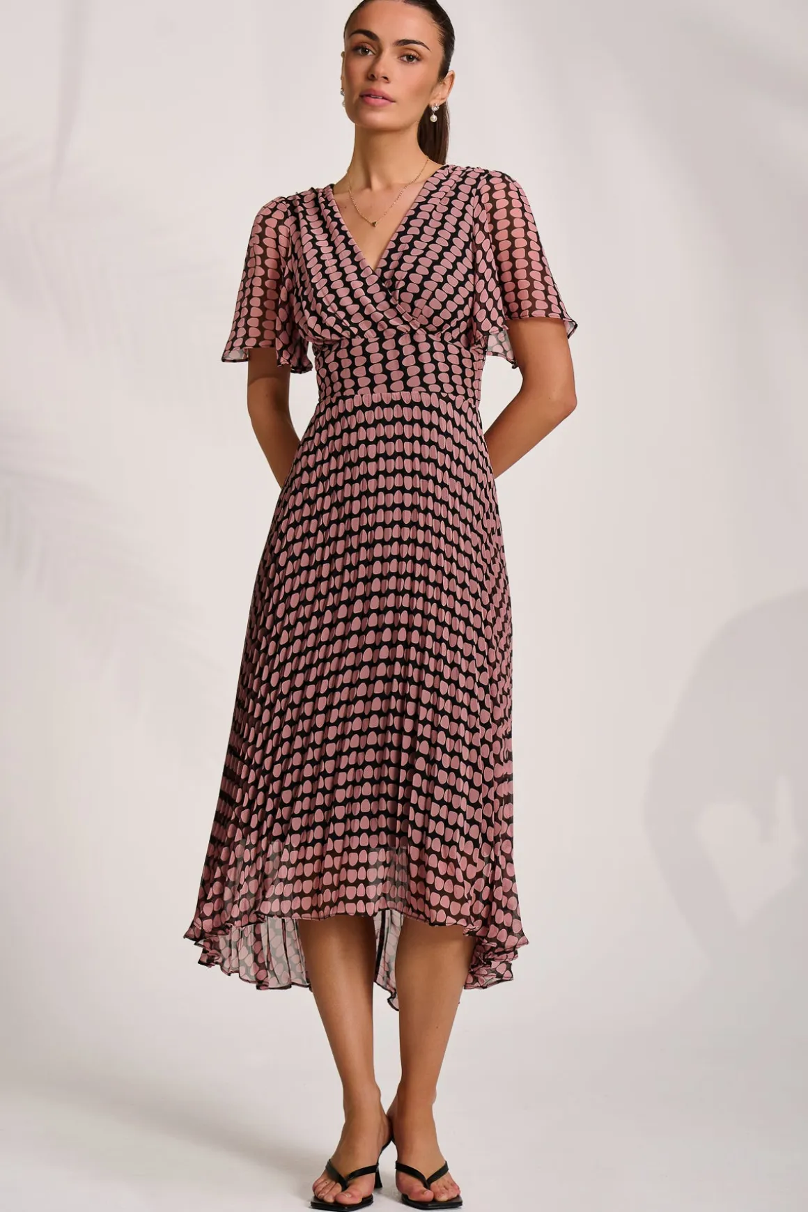 Pleated Chiffon Maxi Dress, Pink Geo
