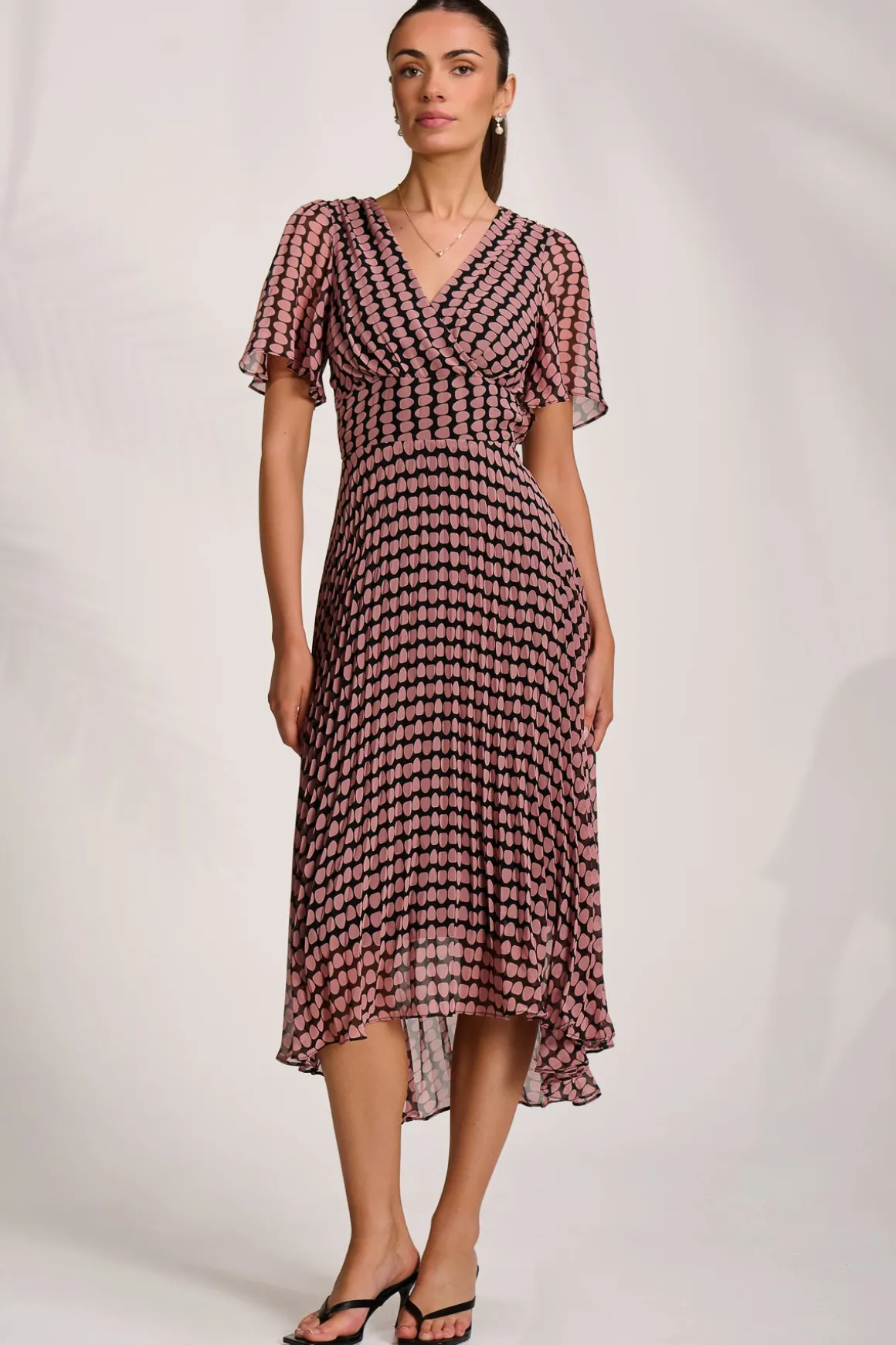 Pleated Chiffon Maxi Dress, Pink Geo