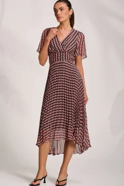 Pleated Chiffon Maxi Dress, Pink Geo