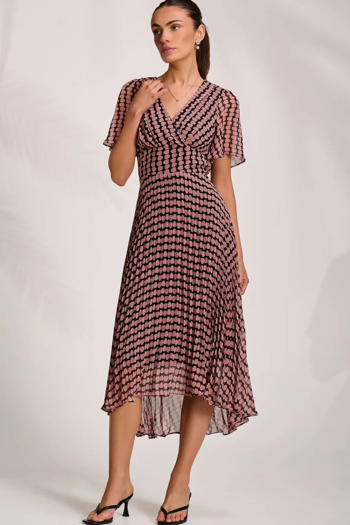 Pleated Chiffon Maxi Dress, Pink Geo