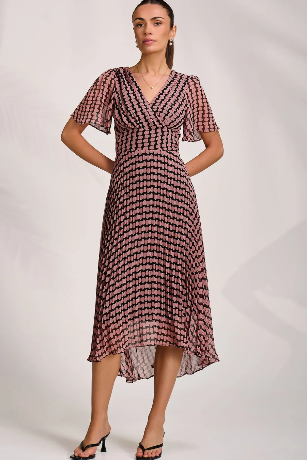 Pleated Chiffon Maxi Dress, Pink Geo