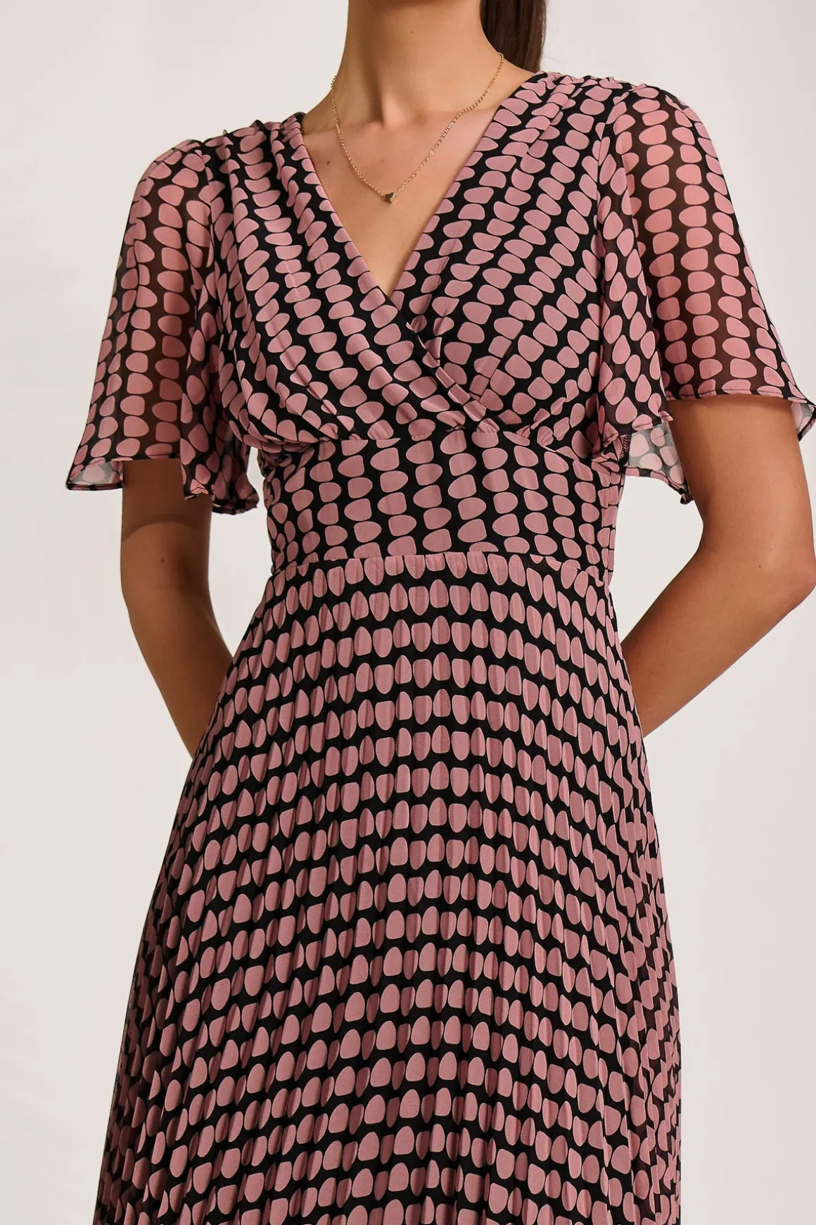 Pleated Chiffon Maxi Dress, Pink Geo