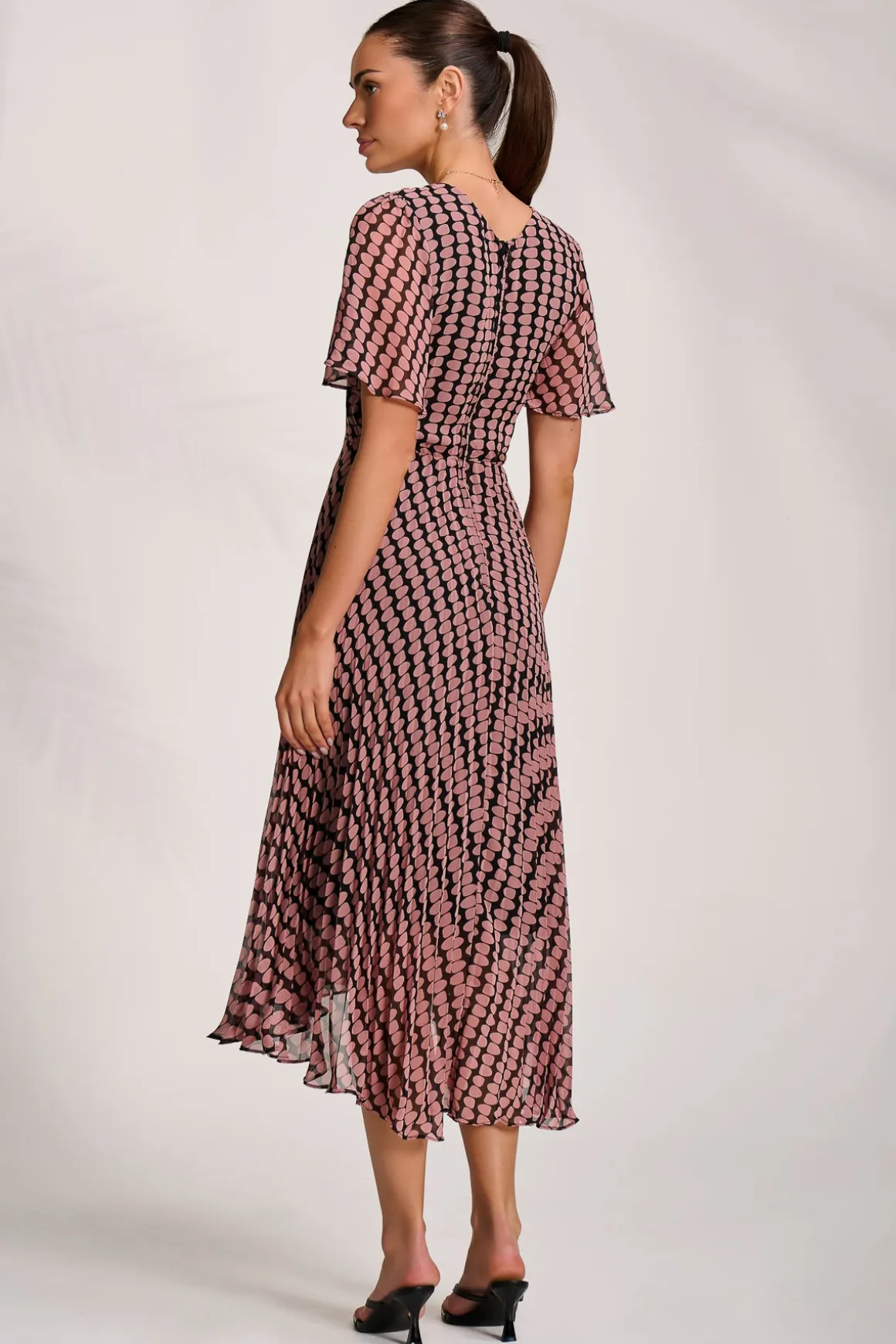 Pleated Chiffon Maxi Dress, Pink Geo